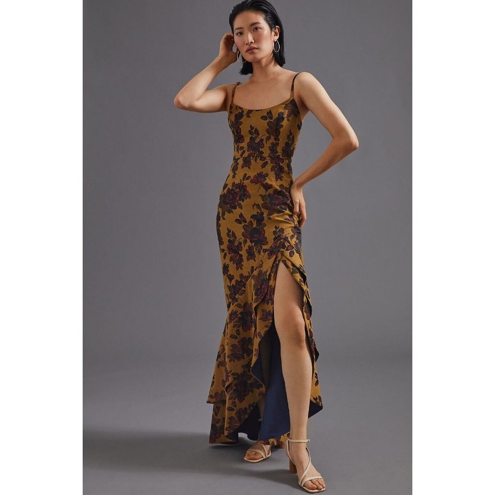 NWT Anthropologie Hutch Floral Slip Maxi Dress 6 Gold $220 Slit